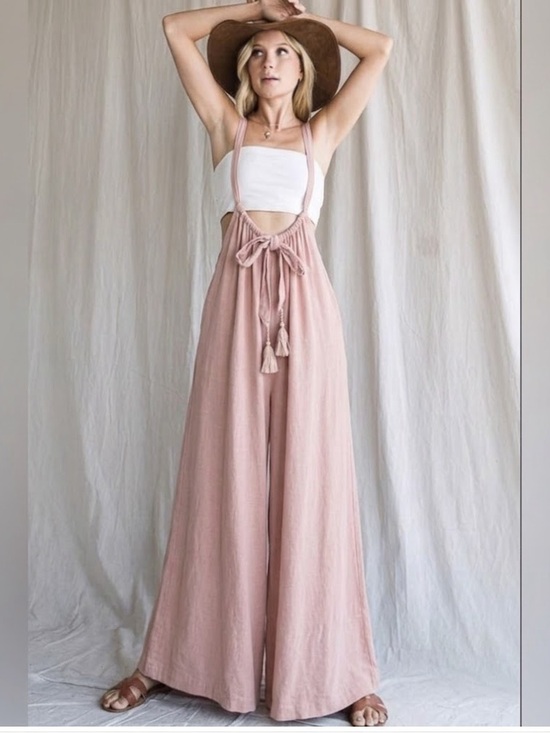Mazik Pants - Mazik Boho Pink Linen Wide Leg Jumpsuit Suspender Overalls Tassels NEW